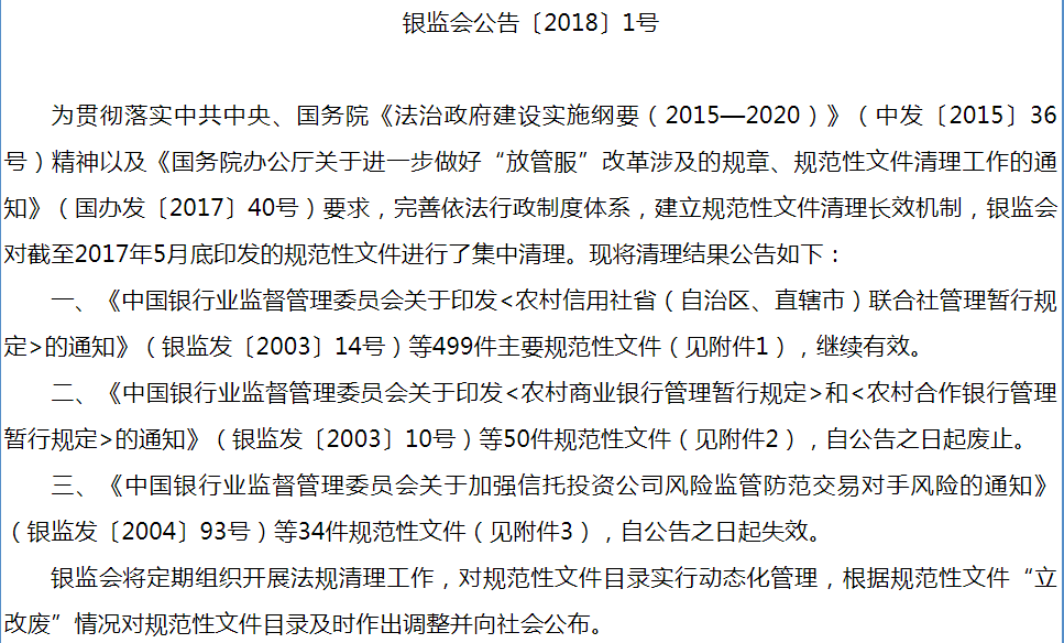 银监会公告〔2018〕1号：中国银监会关于规范性文件清理结果的公告