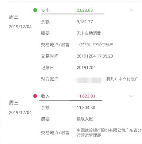 2019年12月4日账户银联入账11623.03元，随后无卡自助消费支出2623.03